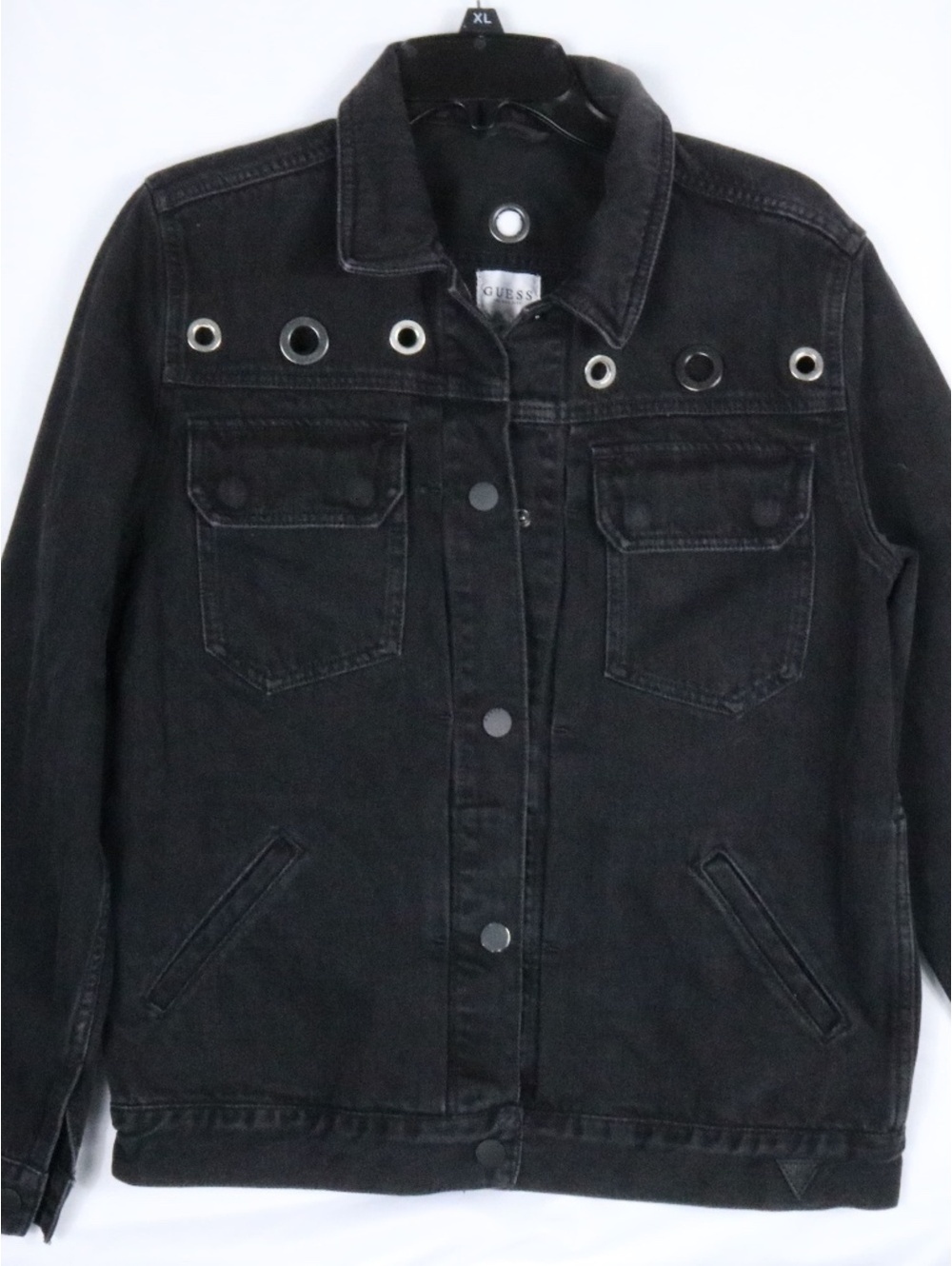 Guess Women's Black Denim Trucker Jacket - Size S/P - Eyelet Grommet Details
